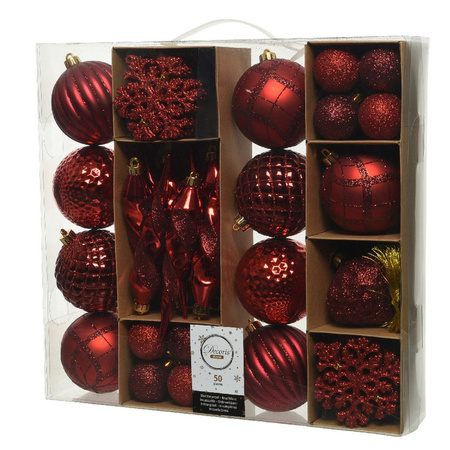 50x Red Christmas baubles 4-8-15 cm plastic mix