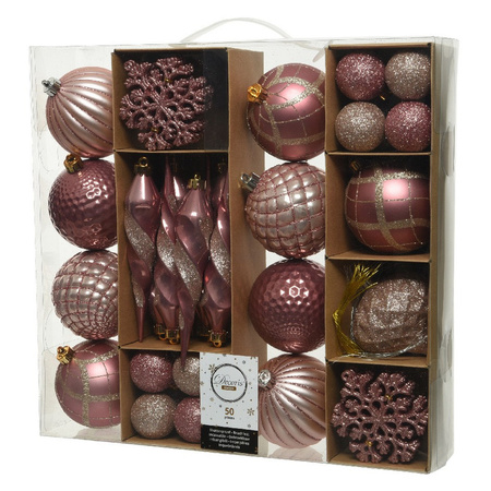 50x Kunststof kerstballen mix roze 4-8-15 cm kerstboom versiering/decoratie