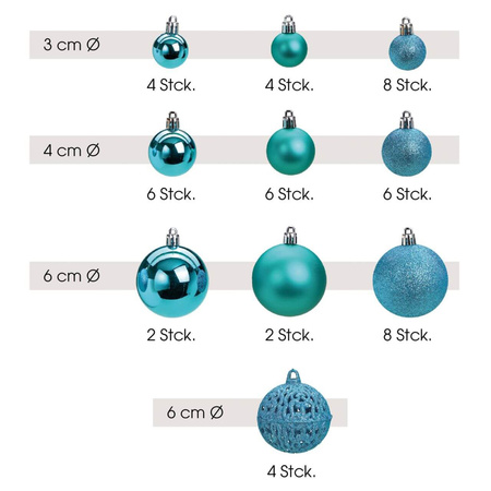 50x Turquoise blue plastic Christmas balls 3, 4 and 6 cm