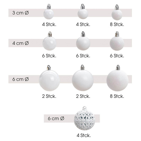 50x White plastic Christmas balls 3, 4 and 6 cm