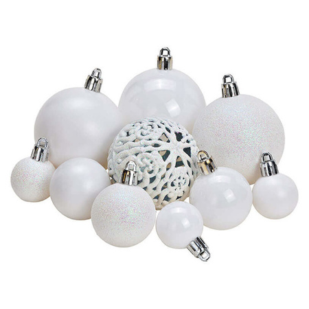 50x White plastic Christmas balls 3, 4 and 6 cm