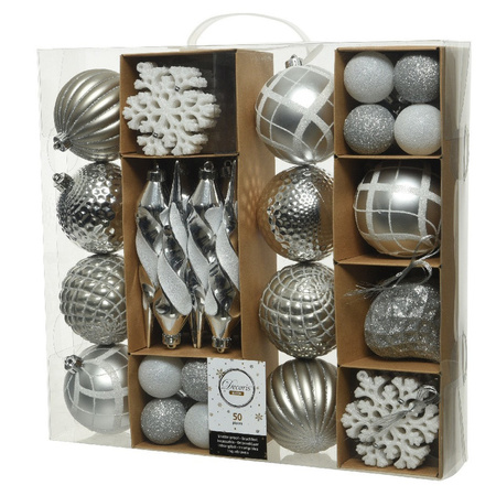 50x Kunststof kerstballen mix zilver 4-8-15 cm kerstboom versiering/decoratie