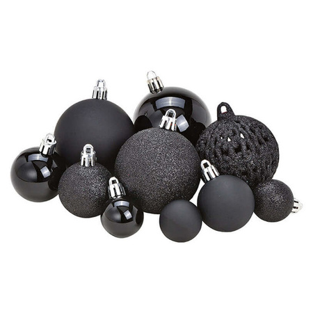 50x Black plastic Christmas balls 3, 4 and 6 cm