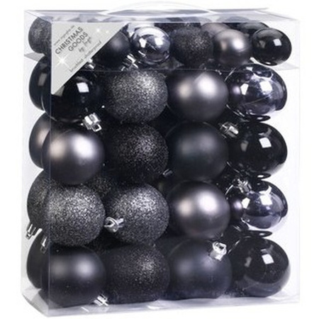 50x Black mix plastic Christmas baubles 4-6 cm 