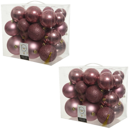 52x Kunststof kerstballen mix oud roze 6-8-10 cm kerstboom versiering/decoratie