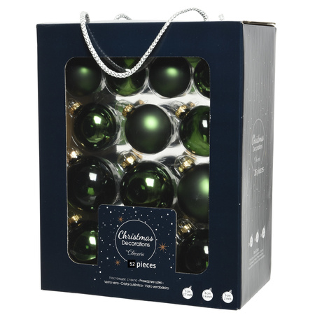 52x Glass christmas baubles dark pine green 5, 6 en 7 cm matt/shiny