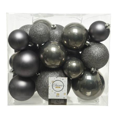 52x stuks kunststof kerstballen antraciet (warm grey) 6-8-10 cm