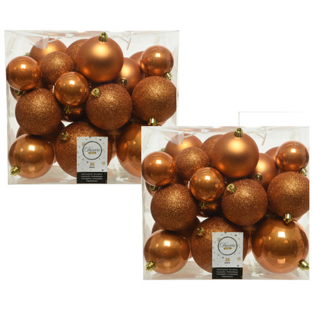 52x Plastic christmas baubles cognac brown (amber) 6-8-10 cm