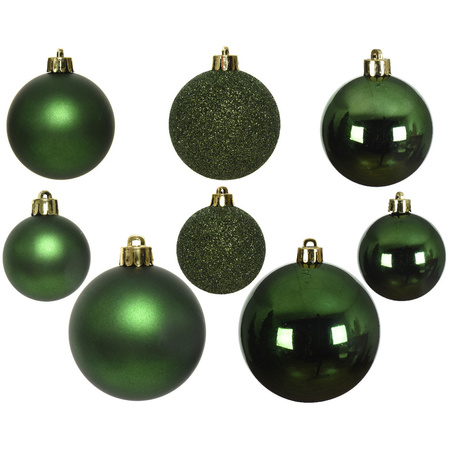 52x stuks kunststof kerstballen donkergroen (pine) 6-8-10 cm glans/mat/glitter