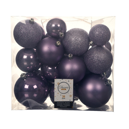 52x stuks kunststof kerstballen heide lila paars 6-8-10 cm glans/mat/glitter