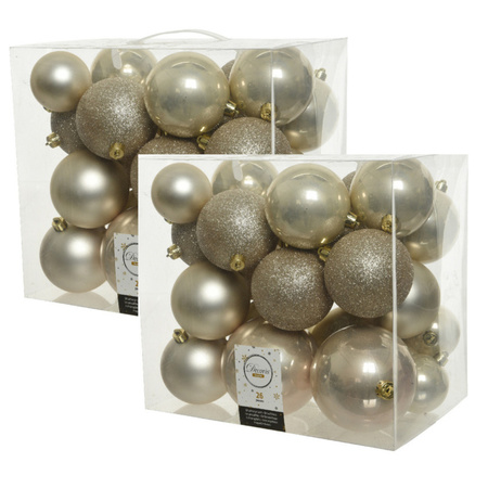 52x stuks kunststof kerstballen licht parel/champagne 6-8-10 cm glans/mat/glitter