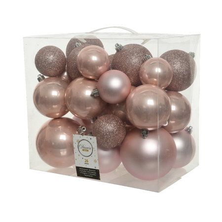 52x stuks kunststof kerstballen lichtroze (blush) 6-8-10 cm glans/mat/glitter