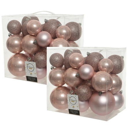 52x stuks kunststof kerstballen lichtroze (blush) 6-8-10 cm glans/mat/glitter