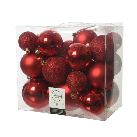 52x stuks kunststof kerstballen rood 6-8-10 cm glans/mat/glitter