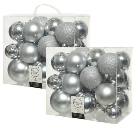 52x Plastic christmas baubles silver 6-8-10 cm