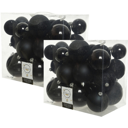 52x stuks kunststof kerstballen zwart 6-8-10 cm glans/mat/glitter