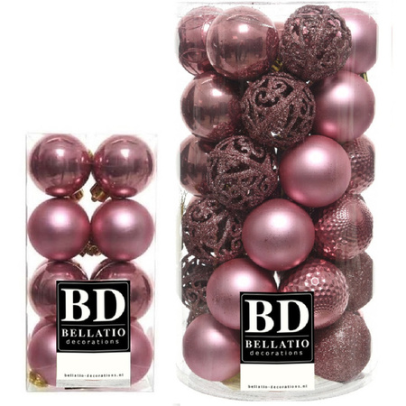 53x stuks kunststof kerstballen oudroze (velvet pink) 4 en 6 cm glans/mat/glitter mix