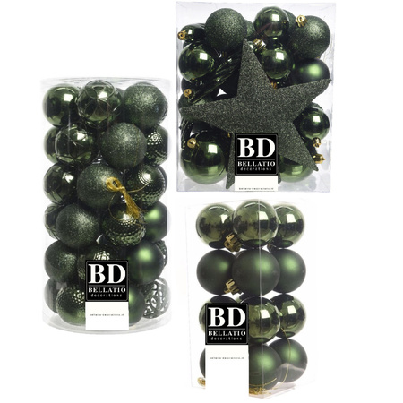 55x stuks kunststof kerstballen met ster piek donkergroen mix