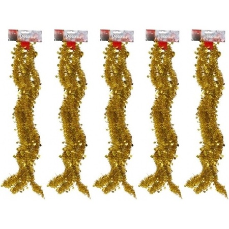 5x Gold tinsel Christmas garlands with stars 270 cm