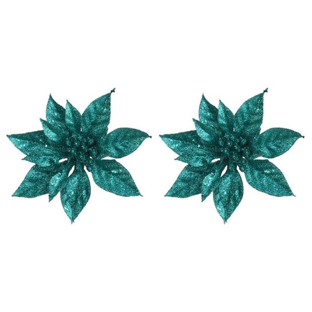 5x Kerstversieringen glitter kerstster emerald groen op clip 15 cm