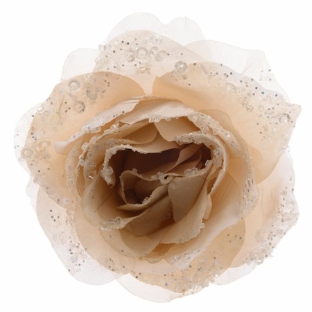 5x stuks kerstdecoratie bloemen roos creme op clip 14 cm