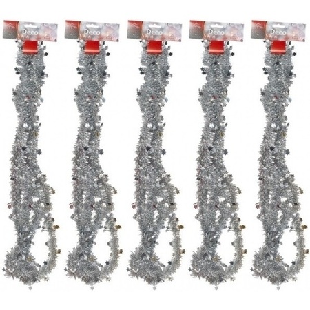  5x Silver tinsel Christmas garlands with stars 270 cm