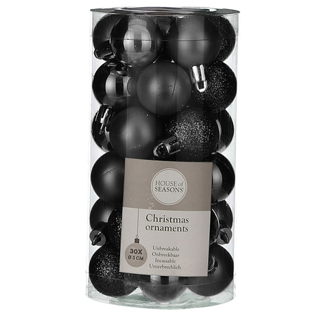 60x Kleine kunststof kerstballen zwart 3 cm