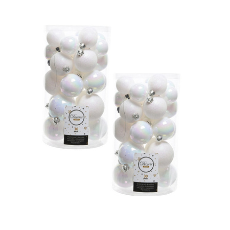 60x Parelmoer witte kerstballen 4 - 5 - 6 cm kunststof