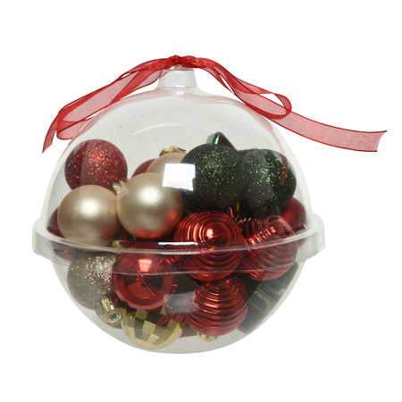 60x Mini plastic christmas baubles red/dark green/champagne 3 cm