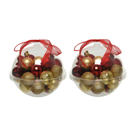 60x stuks kleine kunststof kerstballen rood/donkerrood/goud 3 cm