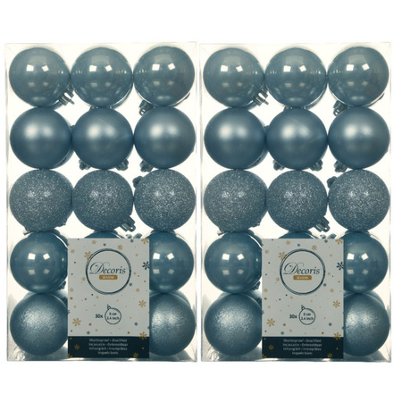 60x stuks kunststof kerstballen lichtblauw 6 cm glans/mat/glitter