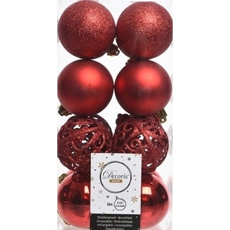 64x Kunststof kerstballen mix kerst rood 6 cm kerstboom versiering/decoratie