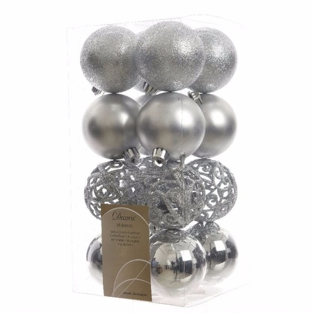 64x Kunststof kerstballen mix zilver 6 cm kerstboom versiering/decoratie