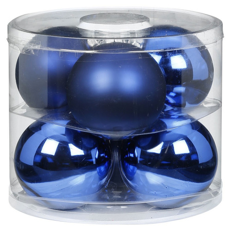 Tube met 12 blauwe kerstballen van glas 10 cm glans en mat