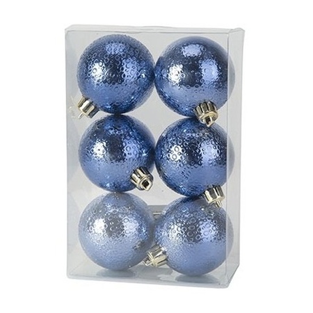 6x Kunststof kerstballen cirkel motief donkerblauw 6 cm kerstboom versiering/decoratie
