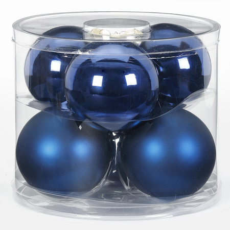 Tube met 12 donkerblauwe kerstballen van glas 10 cm glans en mat