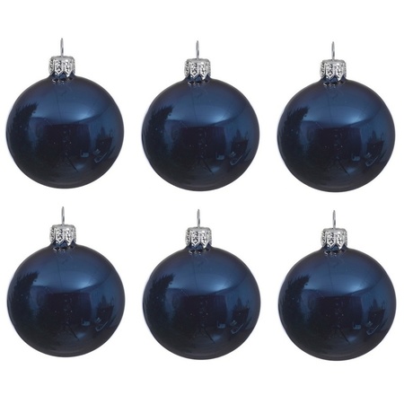 6x Dark blue glass Christmas baubles 6 cm shiny