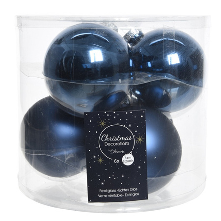 Kerstboomversiering donkerblauwe kerstballen van glas 8 cm 6 stuks