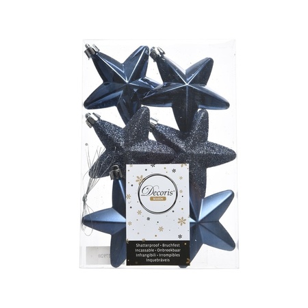 12x pcs plastic stars and pine cones christmas decoration dark blue 7-8 cm