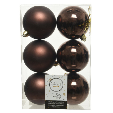 6x Dark brown Christmas baubles 8 cm plastic matte/shiny