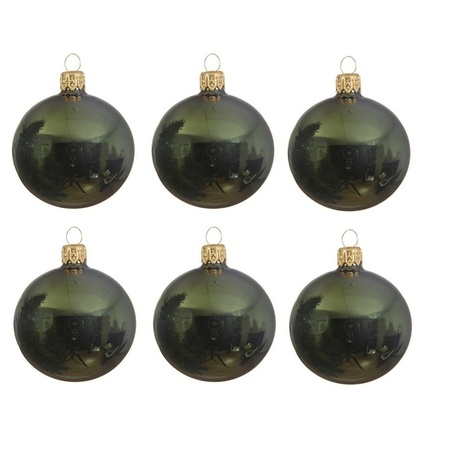 6x Dark green glass Christmas baubles 6 cm shiny