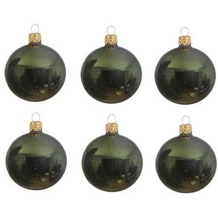 6x Dark green glass Christmas baubles 8 cm shiny