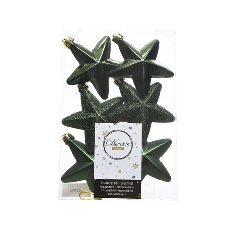 12x pcs plastic stars and pine cones christmas decoration dark green 7-8 cm