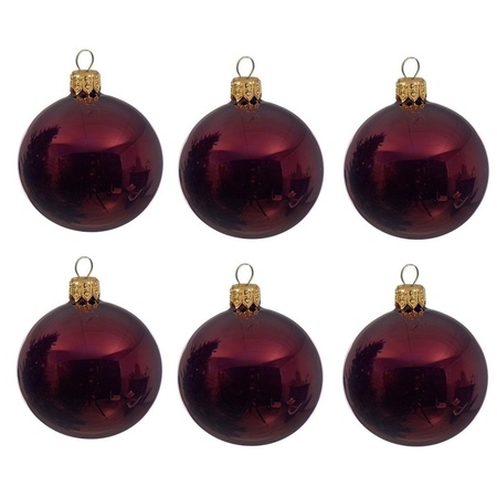 6x Glazen kerstballen glans donkerrood 6 cm kerstboom versiering/decoratie