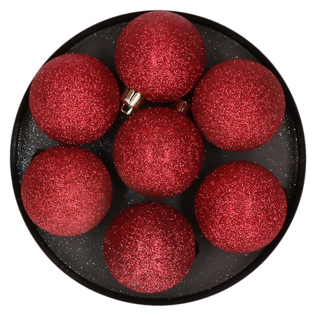 6x Kunststof kerstballen glitter donkerrood 8 cm kerstboom versiering/decoratie