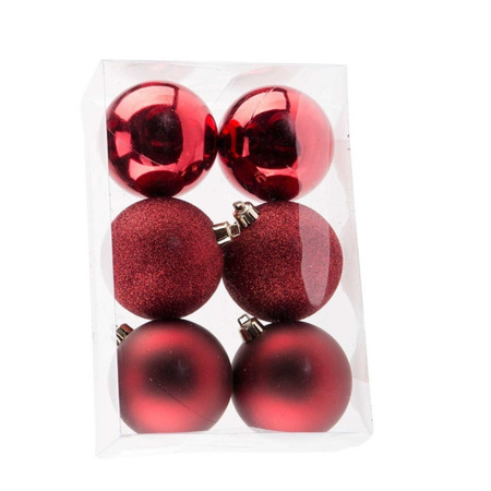 12x stuks kunststof kerstballen mix van donkerrood en rood 8 cm