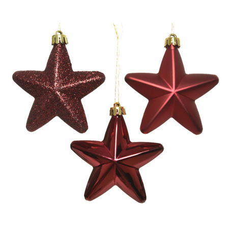 6x Kunststof sterren kerstballen glans/mat/glitter donkerrood 7 cm kerstboom versiering/decoratie