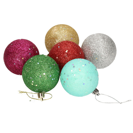 6x Gekleurde onbreekbare kerstballen met glitters 6 cm