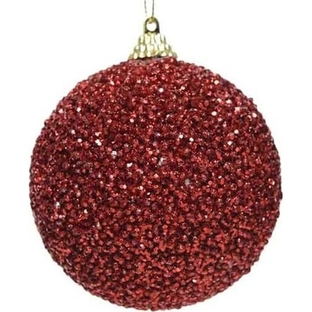 6x Kerstballen kerst rode glitters 8 cm met kralen kunststof kerstboom versiering/decoratie