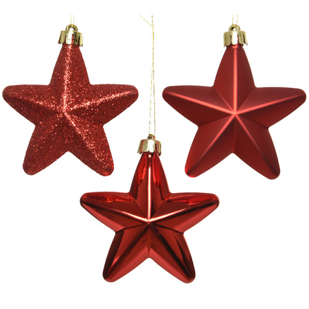 12x pcs plastic stars and pine cones christmas decoration red 7-8 cm